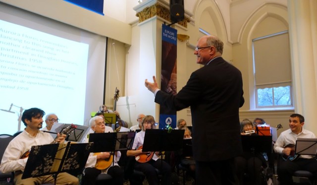 The New York Mandolin Orchestra with conductor Jeffrey Ellenberger. Photo by Judy Langer