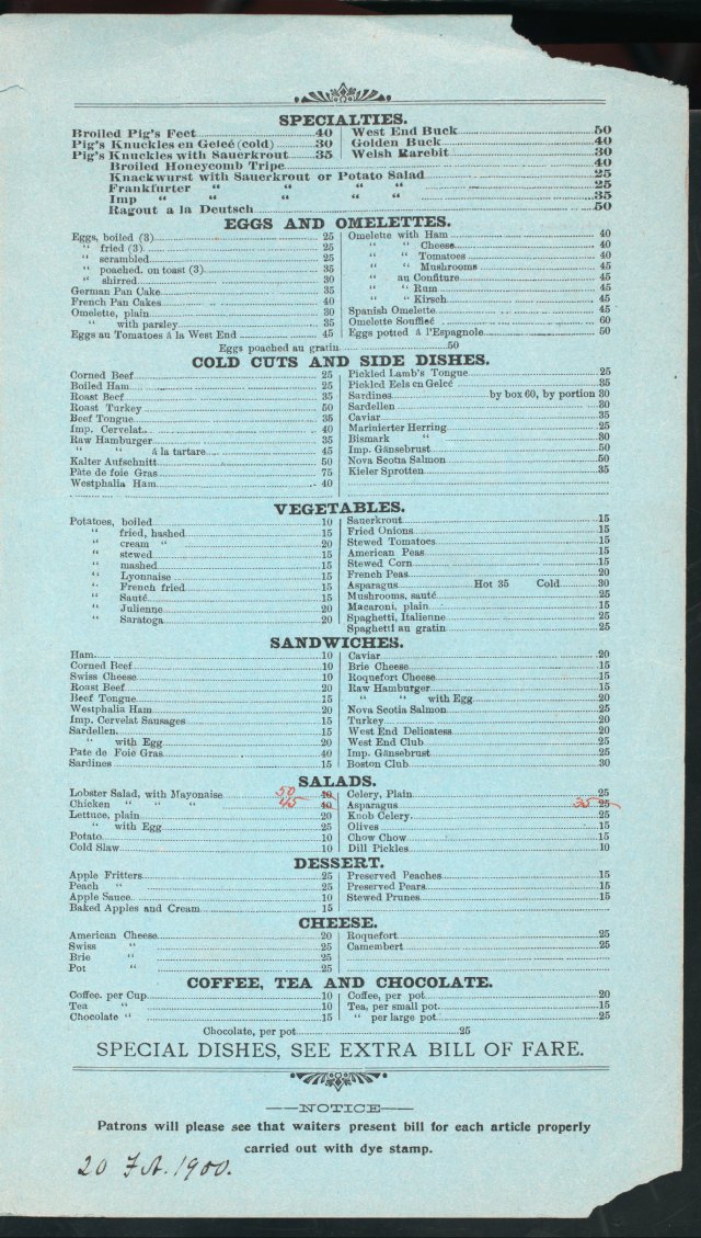 West End Hotel Menu 2