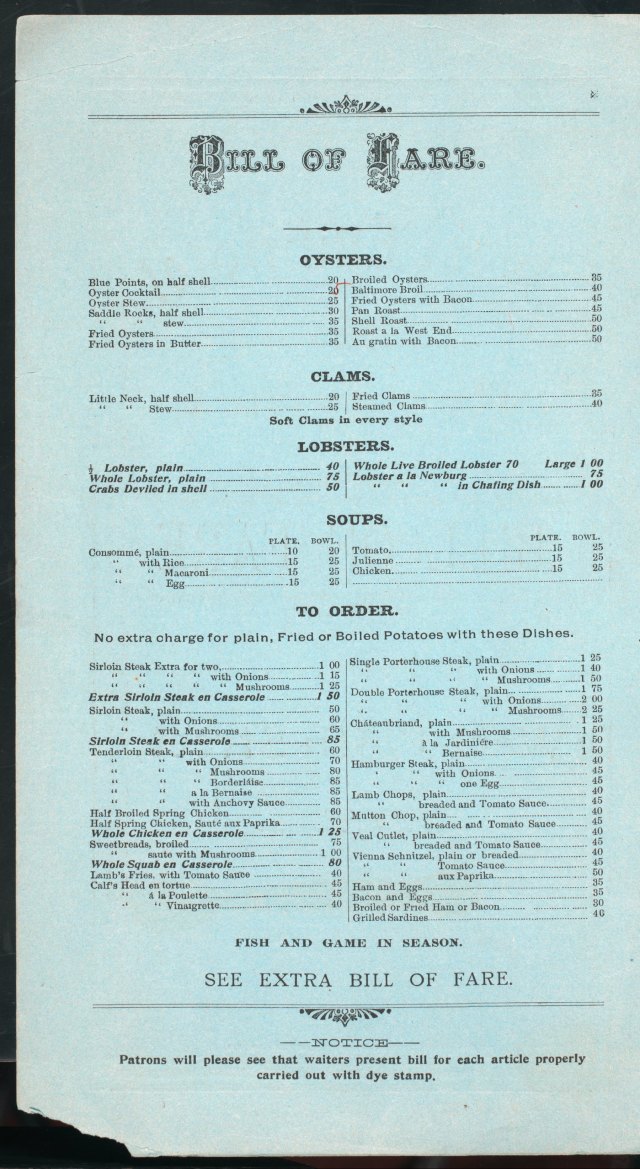West End Hotel Menu 1